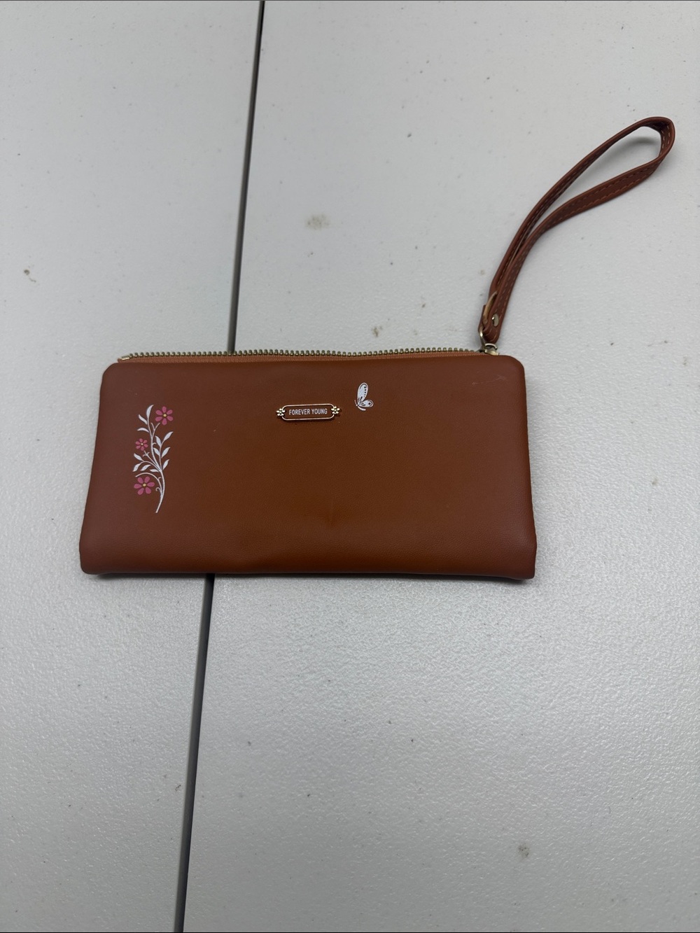 Forever Young Tan Wristlet Clutch with Pink Floral Detail